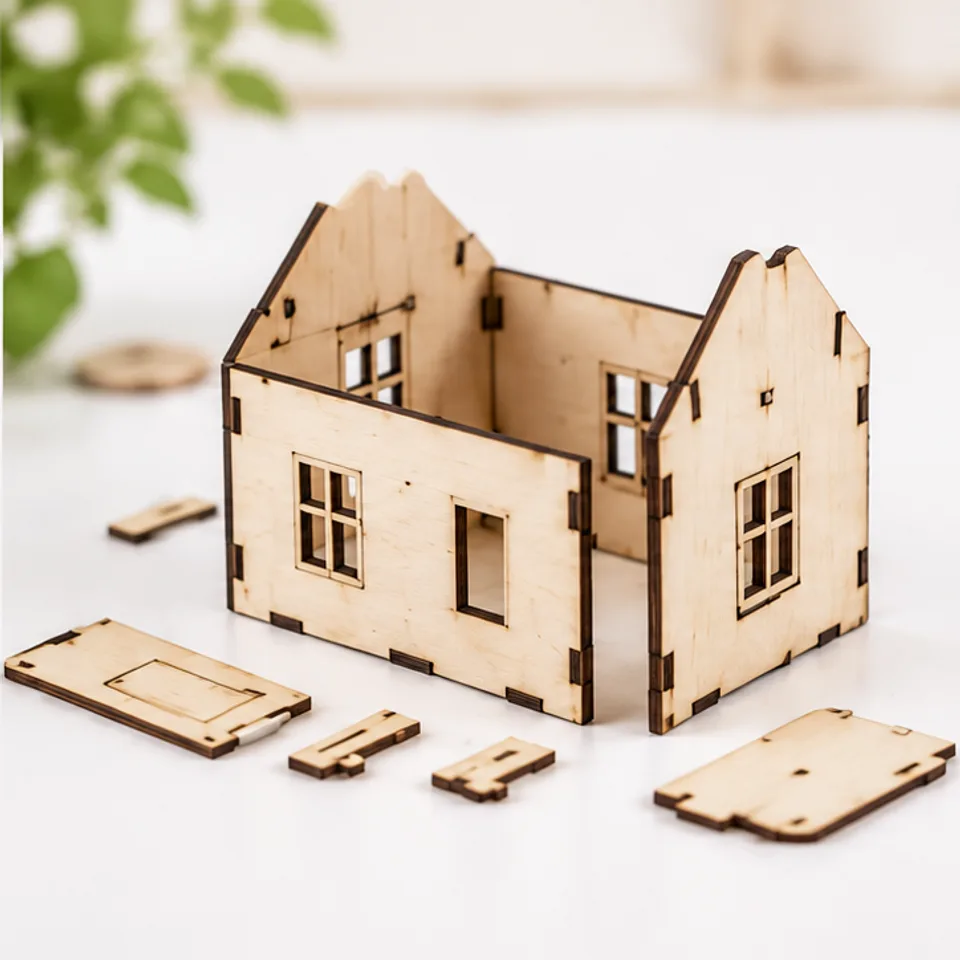 Illustrative unpainted plywood cottage walls fitted together with visible laser-cut edges