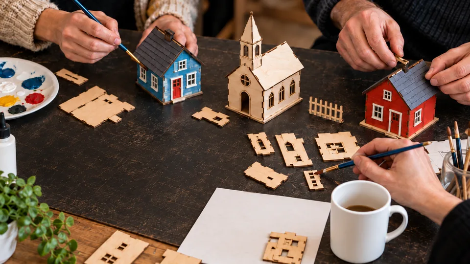 Illustrative scene of hands assembling and painting wooden miniature houses at a shared table